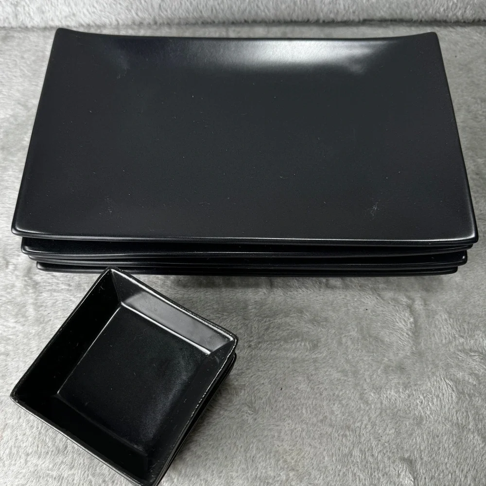 World Market Sushi Matte Black Ceramic Rectangular Plates Set 4 Dipping Bowls